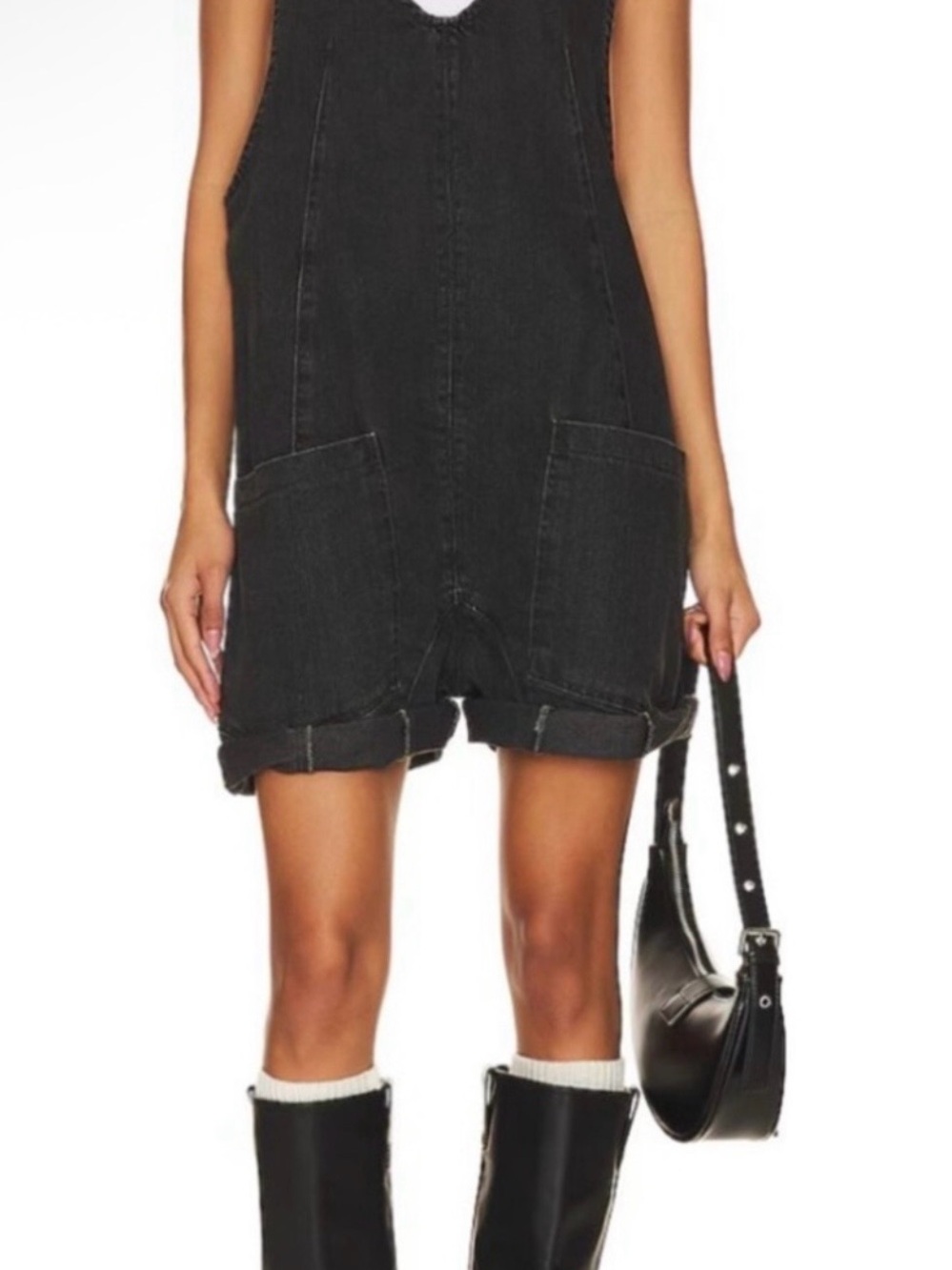 Free People We the Free High Roller Black Denim Shortall Overall Large - Picture 2 of 10